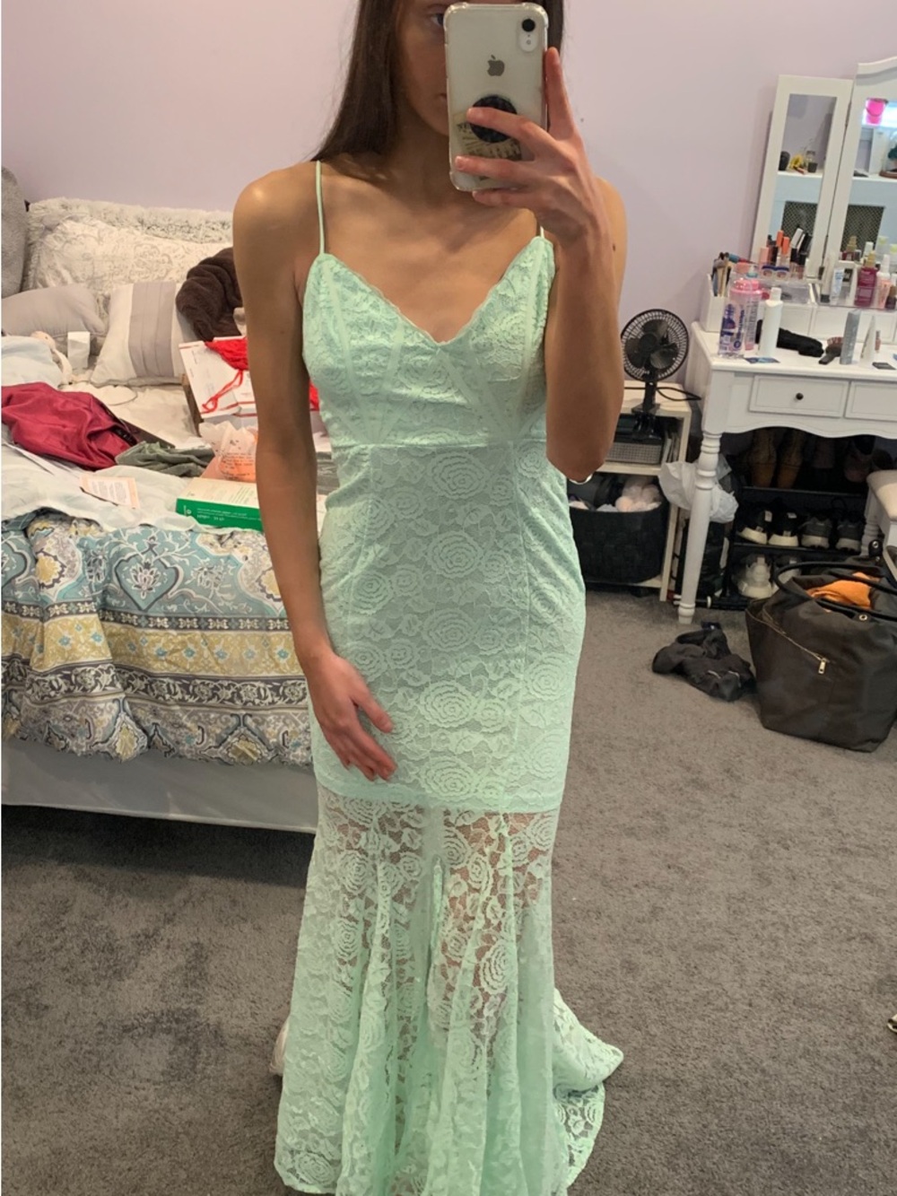 Mint Lace Maxi Dress with Spaghetti Straps